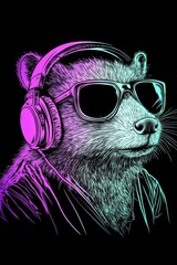 Neon Party Animal Cool Raccoon DJ in Headphones and Sunglasses, Isolated on Black Background
