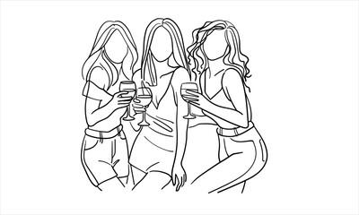 Friendly party girls continuous line art drawing isolated on white background. Hands toasting with wine glasses with drinks. Cheers toast festive decoration for holidays. Vector illustration