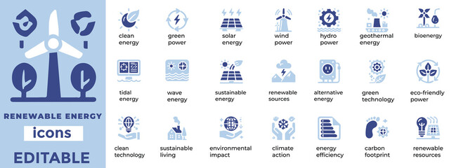 Renewable energy vector icons for sustainability, solar, wind, clean power, green tech, net-zero, and eco solutions