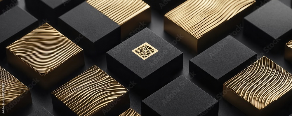 Poster a visually striking arrangement of black and gold textured blocks, showcasing a modern, elegant desi