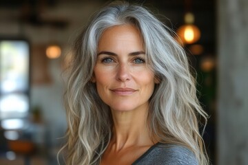 Fototapeta premium confident professional woman with grey hair, posed in a modern office environment, emanating calm and authority, showcasing the power and grace of experience in a contemporary business setting