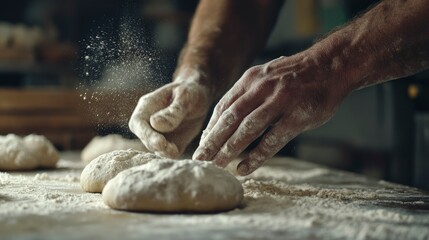 Bakers Hands Shaping Dough With Flour Dust