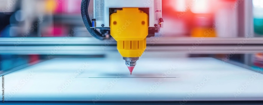 Poster a close-up of a 3d printer nozzle preparing to print on a flat surface, showcasing advanced technolo