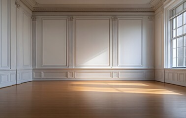 Fototapeta premium Expansive White Wall with Classic Wood Paneling and Hardwood Floor in Elegant Minimalist Interior