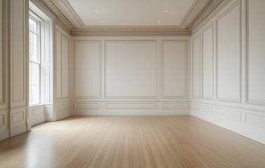 Elegant and Spacious White Wall Interior with Classic Paneling and Light Wood Floor