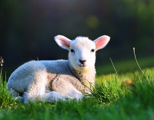 Obraz premium Generated image Lamb sitting in grass, baby sheep during lambing season, springtime 