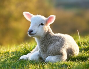Generated image Lamb sitting in grass, baby sheep during lambing season, springtime 