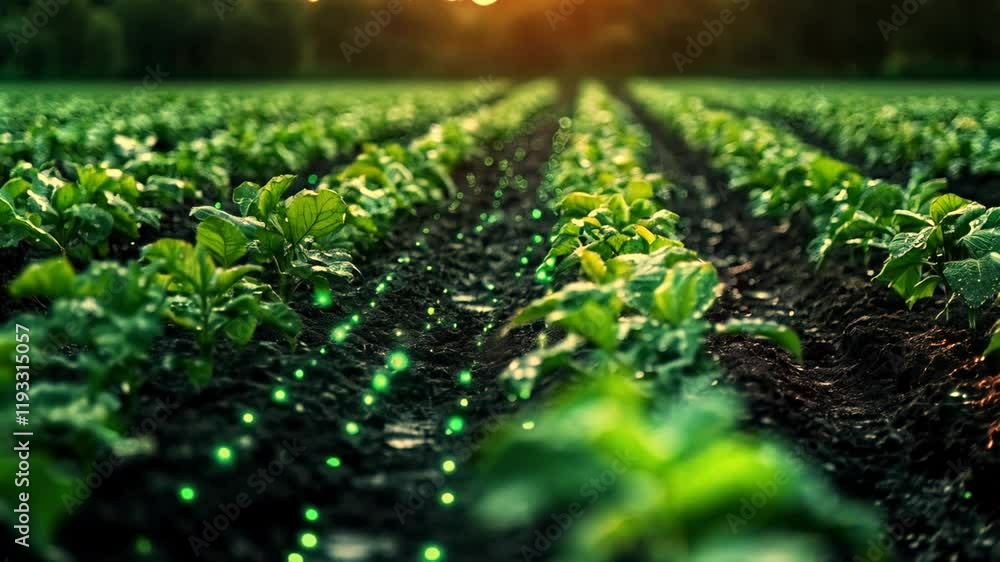 Aufkleber Rows of healthy green plants thrive in a well-maintained field, illuminated by soft sunset light. Advanced technologies optimize agricultural practices, ensuring efficient growth and sustainability.