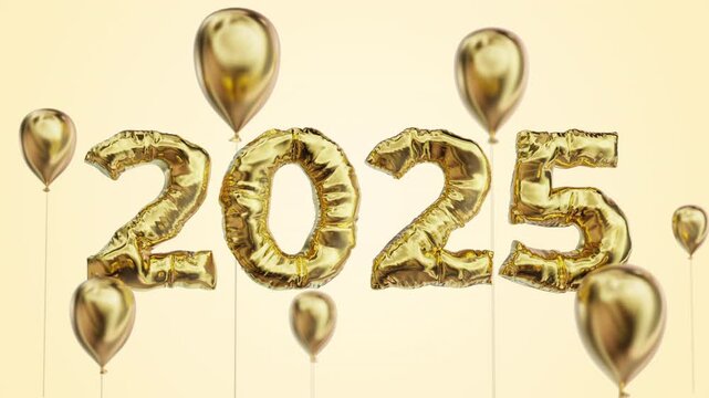 2025 title made of foil gold material among balloons with depth of field.