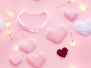 Fototapeta premium Charming arrangement of pink hearts and fairy lights on a soft pink background.