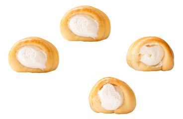 Top view set of puff pastry cream horns isolated on white background with clipping path