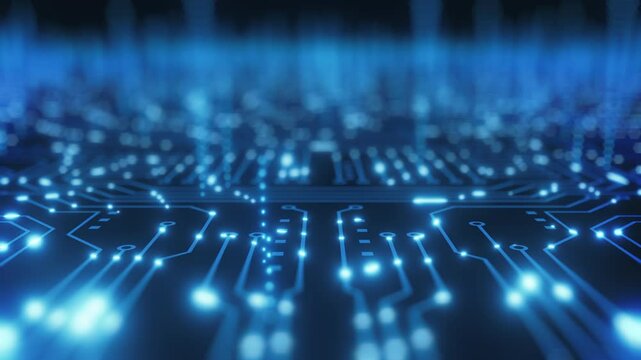 Futuristic circuit board with glowing blue lights and blurred depth, representing modern technology, data, and innovation.
