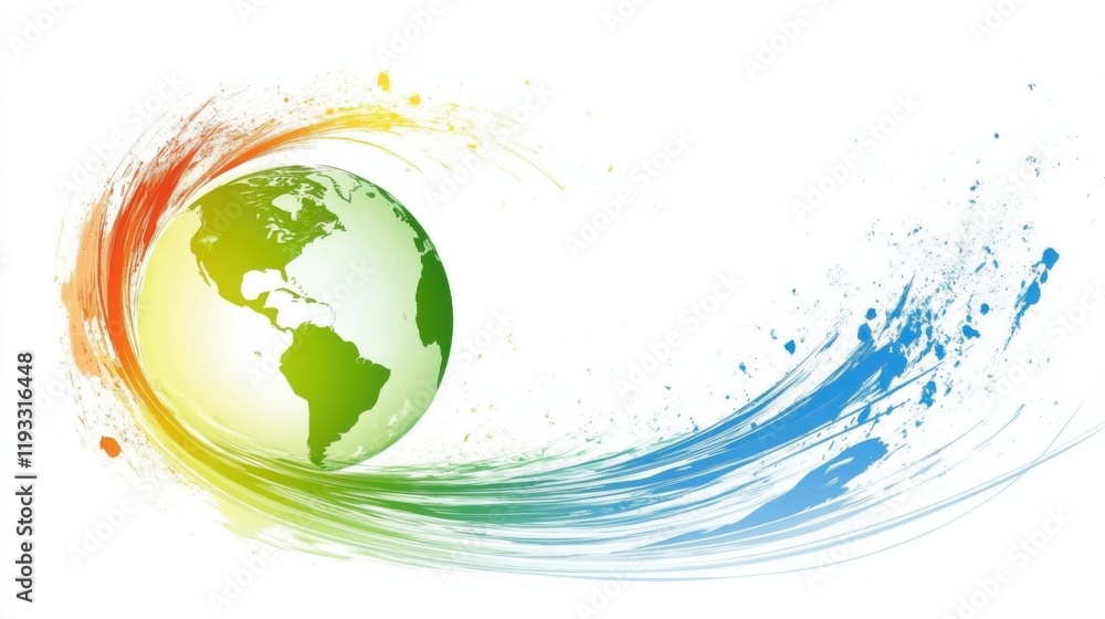 Poster colorful and dynamic abstract design featuring a globe with vibrant swirls and artistic splashes rep