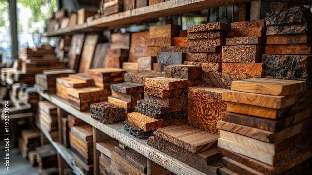 Poster display of various types of wooden blocks and planks organized on shelves in a bright workshop envir