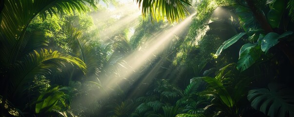 Fototapeta premium A lush rainforest with sunlight streaming through the dense canopy highlighting the green foliage