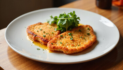 Crispy Veal Schnitzel Served with Fresh Parsley on a White Plate