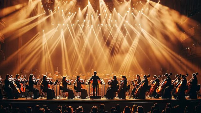 A large orchestra playing on stage under dramatic lighting.