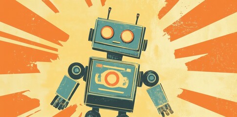Obraz premium Retro Robot Design Against Sunburst Background
