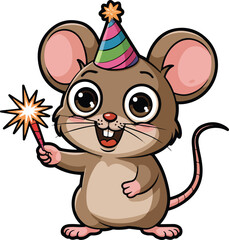 Fototapeta premium Cute cartoon mouse with party hat holding sparkler, perfect for birthday designs.