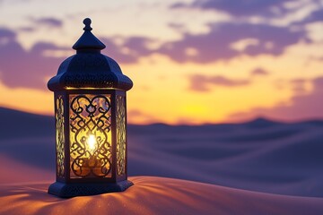 Ornate lantern in desert sands during sunset symbolizes Muslim Ramadan Kareem Mubarak holy month.