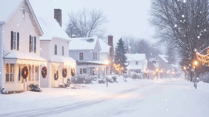 Snow covered small town street with festive holiday decorations and illuminated street lamps