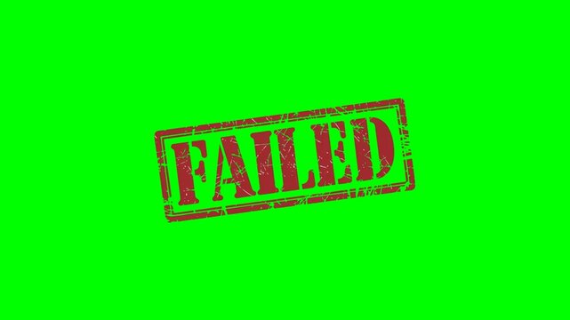 Animated "FAILED" rubber stamp seal bold red text with a zoom and hit effect on a green screen background for use in rejections, error messages or disclaimers