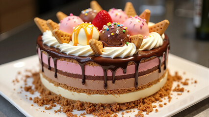 A stunning and delicious ice cream cake designed to be visually appealing as well as delicious.