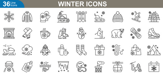 Comprehensive Winter themed icon set. Snowflakes, mittens, warm drinks, frosty symbols, and seasonal elements for design and branding. Thin line icons vector illustration.