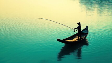 Fototapeta premium Silhouette of a Fisherman on a Tranquil Lake at Dawn with Reflections in the Water