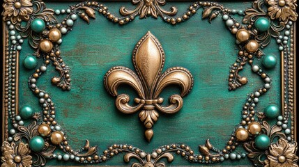 Naklejka premium Ornate fleur-de-lis design with gold and pearl embellishments on turquoise background. Mardi Gras, Fat Tuesday, Carnival Season. Bright Parades, Masks, Festive Costumes, Vibrant Atmosphere
