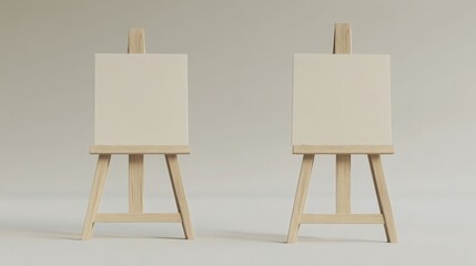 3D wooden easels with blank canvases, front and side views, perfect for art studio or school visuals.