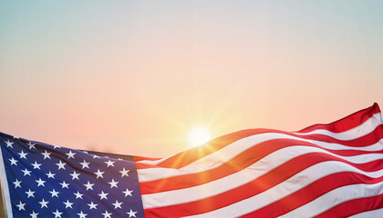 Obraz premium Waving American flag at pastel sunrise, symbol of Independence Day