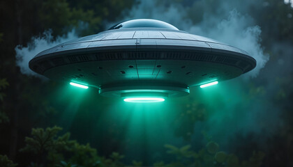 Obraz premium Futuristic UFO hovering over dark forest at night, extraterrestrial encounter