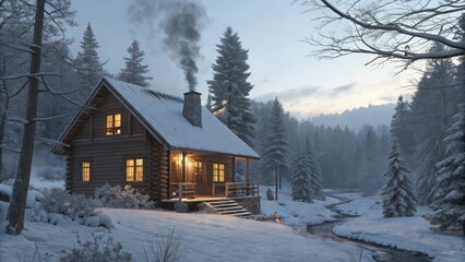A cozy winter cabin in the woods with smoke rising from the chimney.