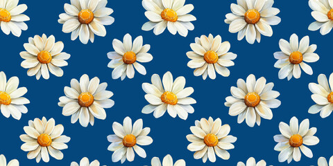 Sseamless pattern with camomiles. Wonderful watercolor white daisies on a blue background. Fresh spring pattern.