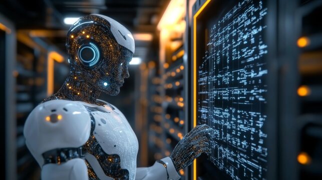 Advanced AI Robot Examining Data Streams, Exploring Complex Algorithms in Futuristic Data Center