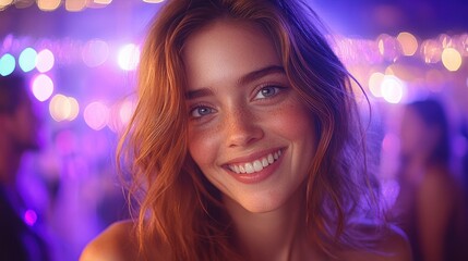 Fototapeta premium Smiling young caucasian woman at colorful night event