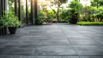 Concrete terrace slabs in shades of gray and grey, patio tiles, and a background banner with a texture