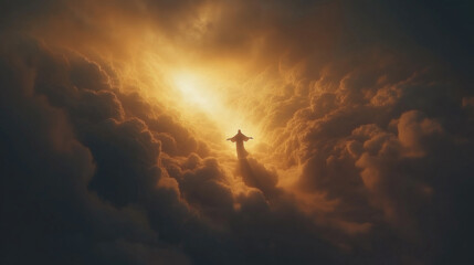 Heavenly figure in glowing cloudscape with radiant light. Easter, Pascha, Paskha, Ostern, Pascua, Paques - Orthodox and Catholic Holiday celebration
