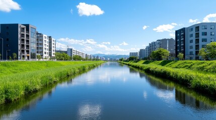 A serene river reflects blue skies, bordered by lush greenery and modern buildings, creating a harmonious urban landscape.