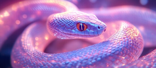 Fototapeta premium Closeup of a striking venomous snake with vibrant purple blue and red scales coiled and ready to attack