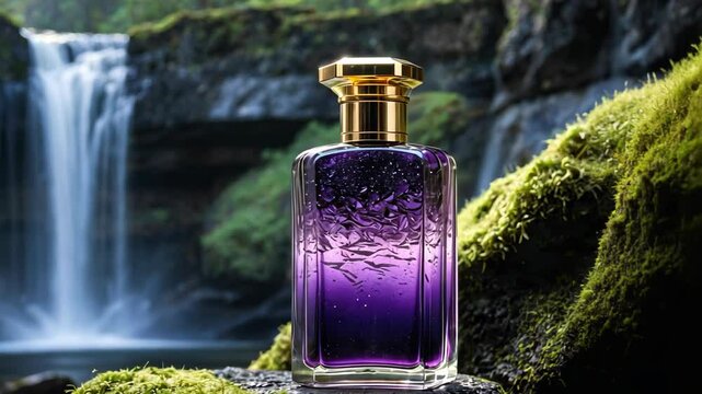 Luxurious purple perfume bottle with golden cap near a waterfall
