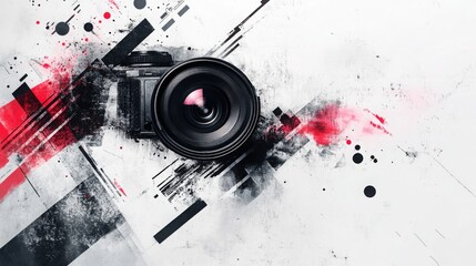 Abstract white-gray background featuring a camera shutter and tech-inspired design. 
