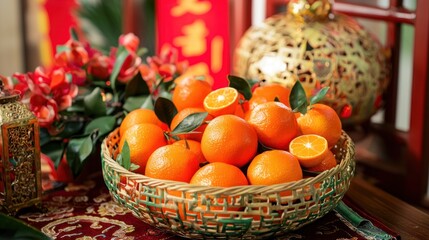 A basket filled with fresh oranges and tangerines, symbolizing wealth and good fortune for Chinese New Year