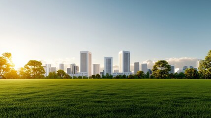 Fototapeta premium A modern city skyline at sunrise with lush green grass in the foreground, showcasing a harmonious blend of nature and urbanity.