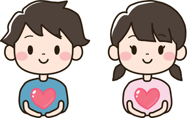 両手の上にハートを浮かべる男女の子どもセット