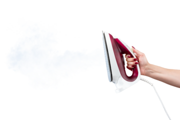 Female hand holding iron with steam, isolated on a transparent background png.