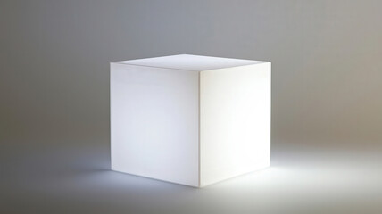Fototapeta premium A glowing white cube on a soft gradient backdrop, perfect for showcasing modern and sleek products in a clean, minimalistic setting, highlighting elegance and simplicity in product presentations. 