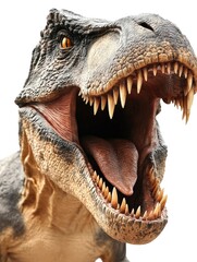 Fototapeta premium Roaring Dinosaur Model Displaying Ferocity Against White Background