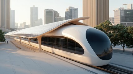 Naklejka premium A sleek, futuristic train station with a modern design, featuring a streamlined train and a canopy, set against a city skyline.
